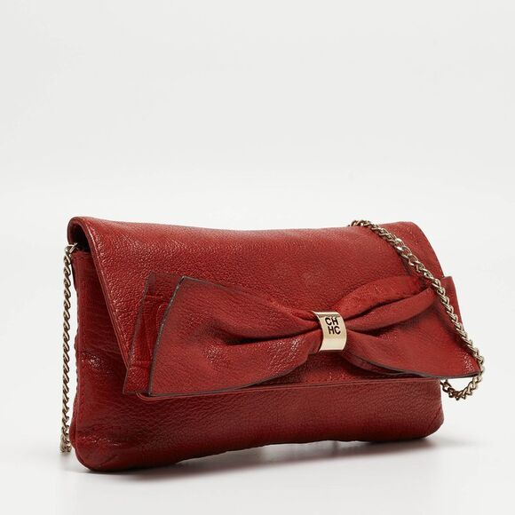 CH Carolina Herrera Red Monogram Leather Bow Chain Clutch - Picture 3 of 4